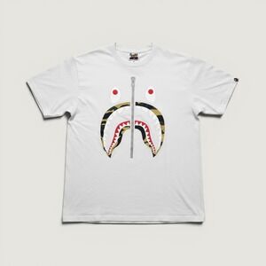 A Bathing Ape T-Shirt Shark‎ Face Zip 1st Camo White Large